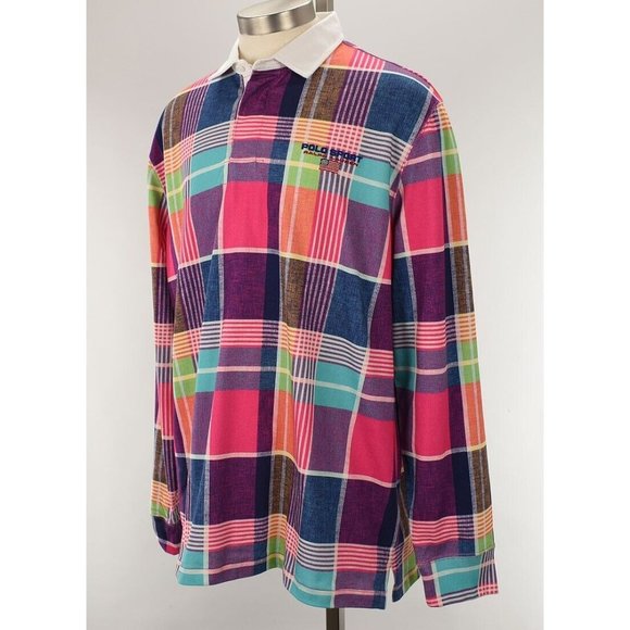 POLO SPORT Ralph Lauren Pink Madras Plaid Long Sleeve Cotton Rugby Shirt XL NWT